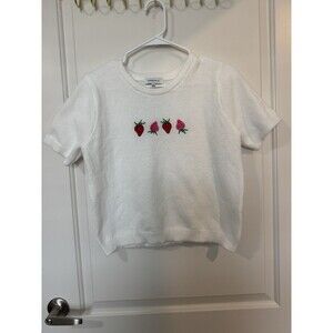 Hooked Up Strawberry Embroidered Short Sleeve Sweater L